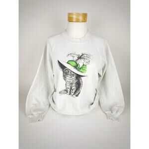 VTG 90’s Cat Wearing a Fancy Hat White Jerzees Sweatshirt Women’s Made in USA